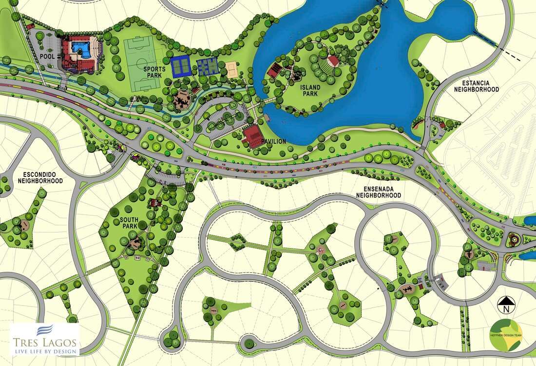 Over the past few years we have had the pleasure of  being the lead designer in developing the public spaces of the largest planned unit development in South Texas. Tres Lagos is a 2,500 acre development that features parks, green-ways, hike and bike trails, community centers, homes, businesses, schools, churches, and universities. The park space is a series of three interconnected parks that offer a wide variety of recreational amenities. These include an amphitheater, picnicking pavilions, restrooms, walking trails, fishing pier, kayak launch, beach volleyball court, tennis courts, basketball courts, over sized playgrounds, tumble hill, soccer field, outdoor fitness equipment, and dog parks. The parks and bike trails feature live oak, cedar elm, Mexican fan palms, Texas sabal palms, bur oak, Mexican orchid shrubs, Texas ebony, Mexican olive, Huisache, fiddlewood, anaqua, Texas ash, tepeguaje, retama, guamuchil, mesquite, monterrey oak, Texas mountain laurel, Hong Kong orchid, jacaranda, and Montezuma bald cypress. 